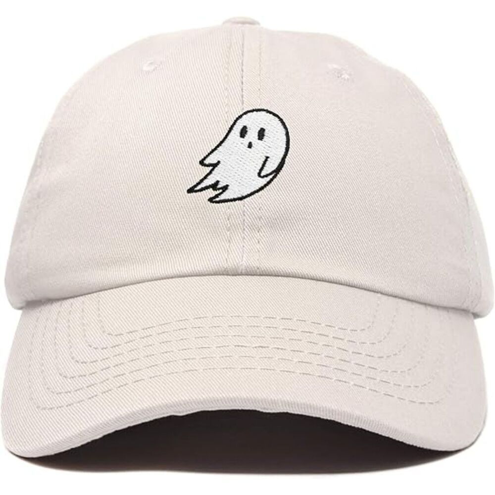 Unisex Beige 100%Cotton Ghost Embroidered Adjustable Buckle Classic Baseball Cap